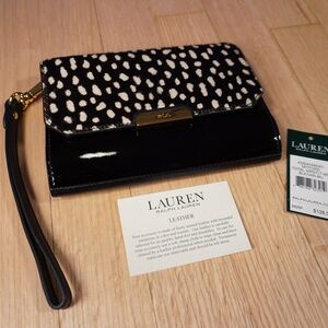 Lauren Ralph Lauren Mitford Leather Clutch Wrist Purse Black Spotted Brand New